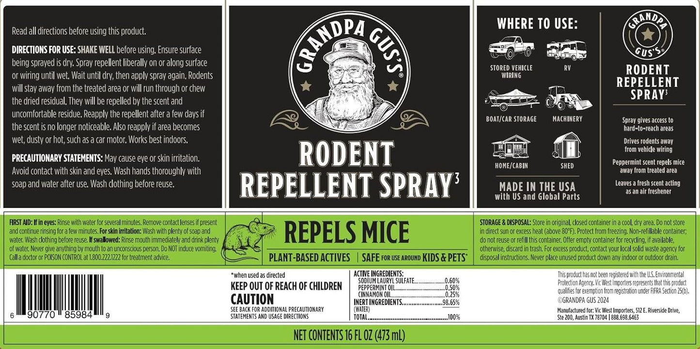 Grandpa Gus's Rodent Repellent Spray, Peppermint & Cinnamon Oil, Prevents Mouse/Rats from Nesting & Chewing on Wires, 16 fl oz (Pack of 1)