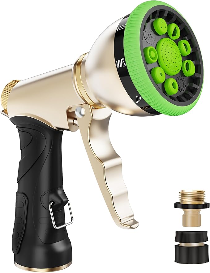 RAINPOINT Garden Hose Nozzle, Heavy Duty Metal Water Hose Sprayer Nozzle with 9 Adjustable Spray Patterns, High Pressure Hand Sprayer for Watering Plants, Lawns, Car and Pet Washing (1, Green)