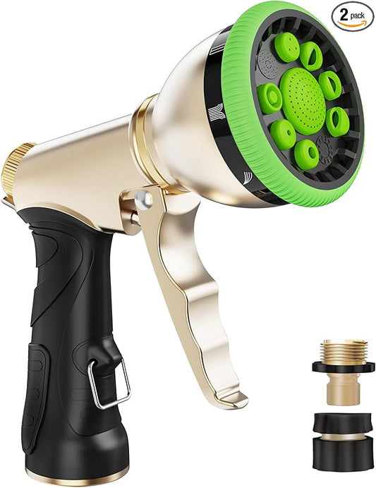 RAINPOINT Garden Hose Nozzle, Heavy Duty Metal Water Hose Sprayer Nozzle with 9 Adjustable Spray Patterns, High Pressure Hand Sprayer for Watering Plants, Lawns, Car and Pet Washing (2Pack, Green)