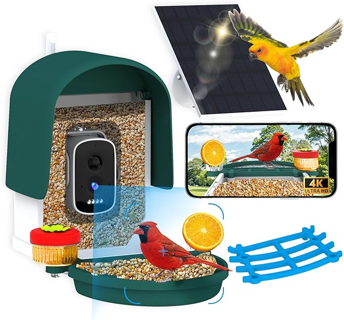 Bird Feeder Camera with 4K HD, App Alerts & Two-Way Audio, Solar Panel, 32GB Card 4-in-1 Perch, 160° View, Auto Detect & AI Identify - Wireless Outdoors Weatherproof Design (Light Green)