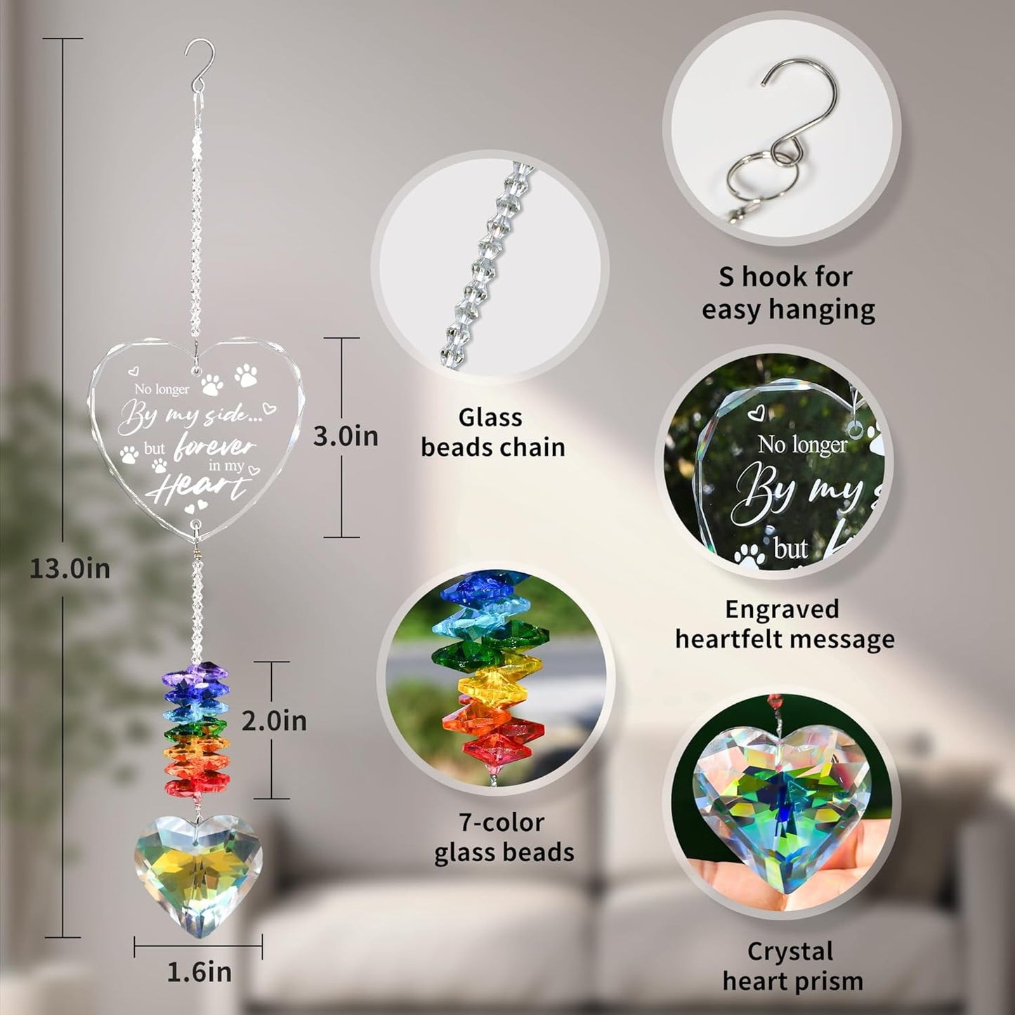 Pet Memorial Crystal Suncatcher Gifts for Loss of Dog/Cat, Window Hanging Crystal Heart Prism Sun Catcher Rainbow Maker Pendant