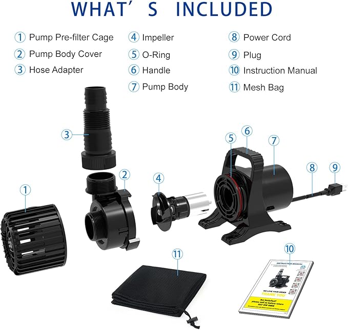 OYO WATER Outdoor Extra Large 13800gph-1100W 32.8FT Pond Water-fall & Kio Fish Fountain-s& Garden Pump Submersible IPX8:Long 32.8FT Cord Smart-er&Quieter Duck&Yard&Patio Ponds Pumps,1 Barrier Pump Bag