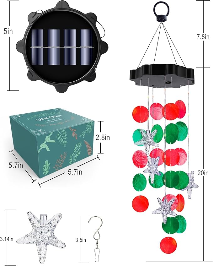 Toodour Solar Decorative Lights Outdoor, Red & Green Shells Light Gifts for Mom Grandma Women Wife Girls, Solar Wind Chimes Outside Decorative Mobile Lights for Holiday Garden Porch Yard Window Decor
