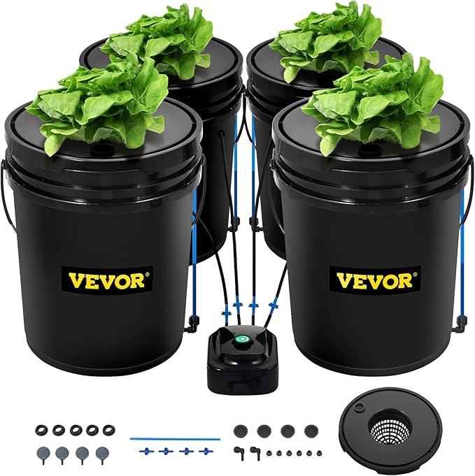 VEVOR DWC Hydroponic System, 5 Gallon 4 Buckets, Deep Water Culture Growing Bucket, Hydroponics Grow Kit with Pump, Air Stone and Water Level Device, for Indoor/Outdoor Leafy Vegetables