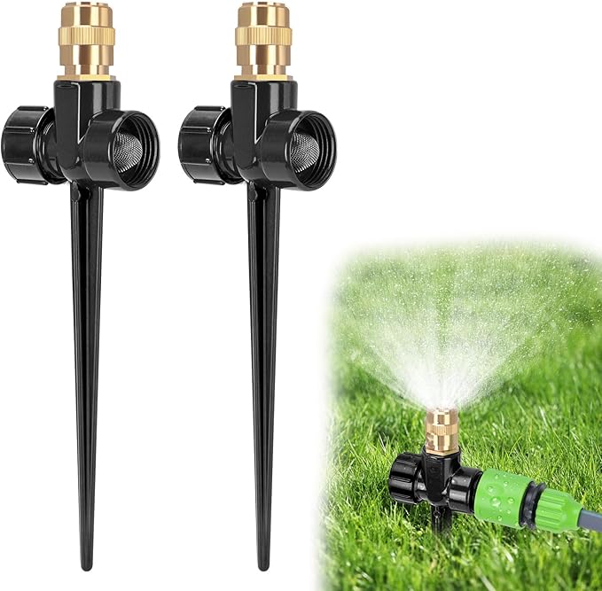 2 Pack Metal Lawn Sprinklers for Yard, Automatic Water Sprinklers with Spike Base, Adjustable Brass Sprinkler Nozzle with 360 Degree Large Area Coverage for Lawn Grass and Garden Irrigation (Black)