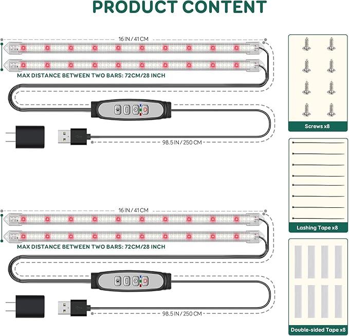 2-Bar Grow Light Strips for Indoor Plants, 16" Full Spectrum Plant Lights, 6500K Sunlike Grow Lights with 6/12/18H Timer, 5-Level Dimmable for Indoor Growing (2 Pack)
