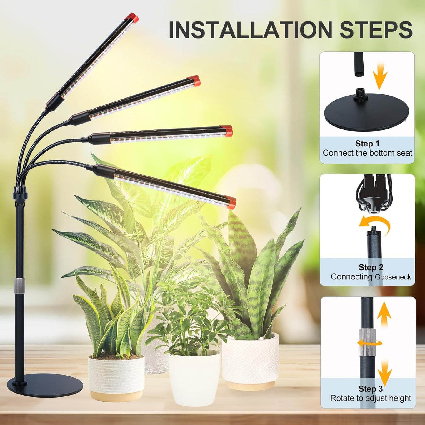 4-Head Desk Grow Lights for Indoor Plants, Seed Starting, Bonsai, Succulent, Cactus with Timer, 36W Table Top LED Plant Growing Lamps, Enough High-Intensity Like Sun, Best Gift for Plants Lover