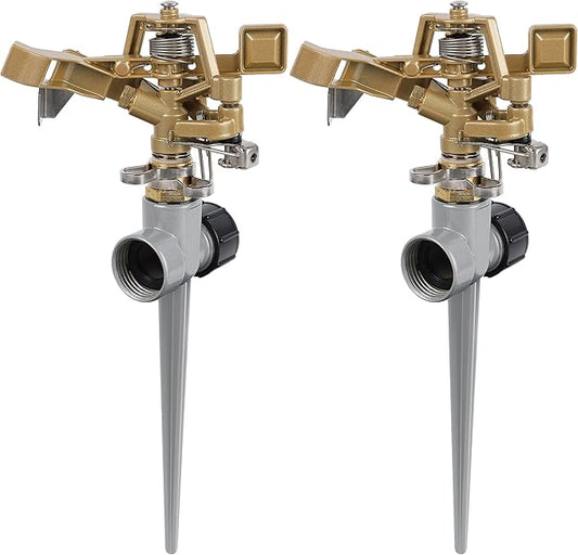Biswing 2 Pack Impact Sprinklers with Stand (Spike), Heavy Duty Zinc Alloy Lawn Sprinkler Head on Spike Base, Adjustable Watering Sprinkler for Large Area Grass Yards Patio Garden Irrigation