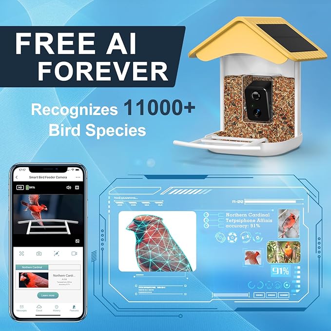 Smart Bird Feeder Camera, Free AI Forever, 1080P HD Camera Auto Capture Bird Videos & 2 Pcs Solar Panel, App Notify When Birds Detected, 32G High-Speed TF Card (Yellow)