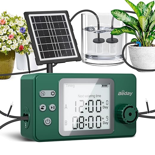 Solar Powered Dual Pump Drip Irrigation Kit for Outdoor Indoor Plants, 2-Zone Smart Self-Watering System with USB Charging, Automatic Plant Waterer for Garden Patio Balcony Vacation