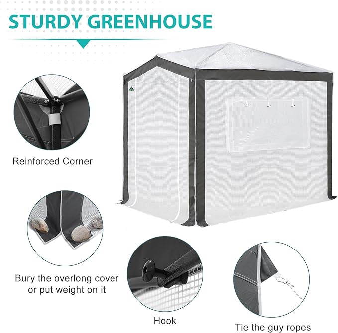 EAGLE PEAK 8x6 Portable Walk in Greenhouse with Polyester Reinforced Corners, Instant Pop Up Indoor Outdoor Gardening Green House, Roll Up Zipper Entry Doors and Mesh Windows, Gray/White