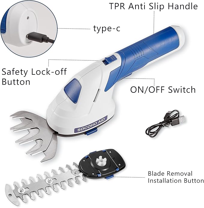 Cordless Grass Shear, 2 in 1 Hedge Trimmer, Electric Handheld Grass Cutter 7.2V Rechargeable Bush Trimmer Lightweight Shrubbery Hedge Shears with Type-C Cable and 2.0Ah Battery for Garden Yard Lawn