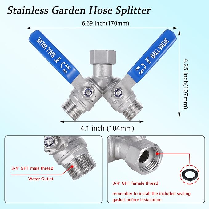 304 Stainless Steel Garden Hose Splitter 2 Way Heavy Duty, Full Flow Garden Hose Y-Valve Hose Splitter with Shutoff Valve, Outdoor Faucet Splitter Hose Connector, 3/4" GHT Threads