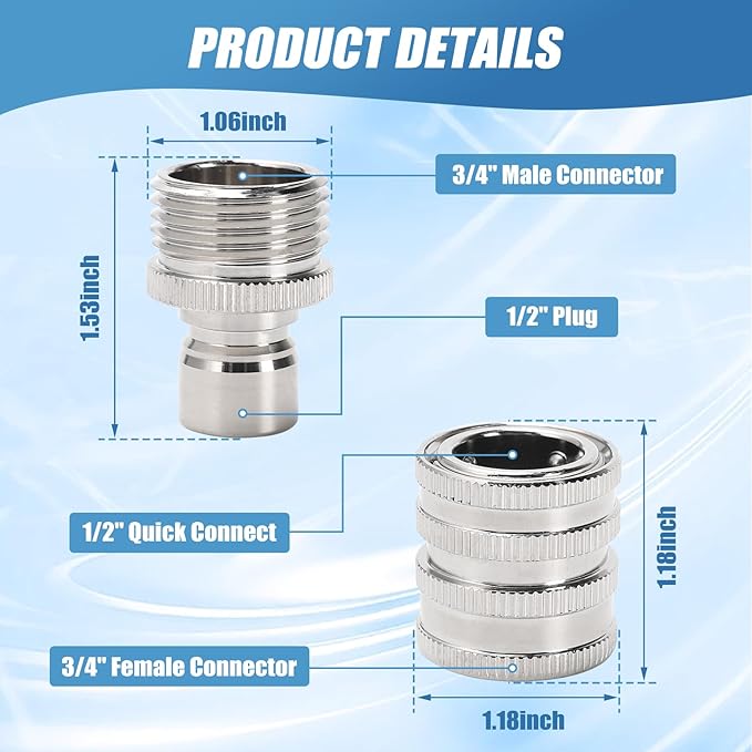 Stainless Steel Garden Hose Quick Connect Set, 3/4 Inch GHT Water Hose Fittings, Heavy Duty Quick Release Connector for Garden Hose, and Sprayers