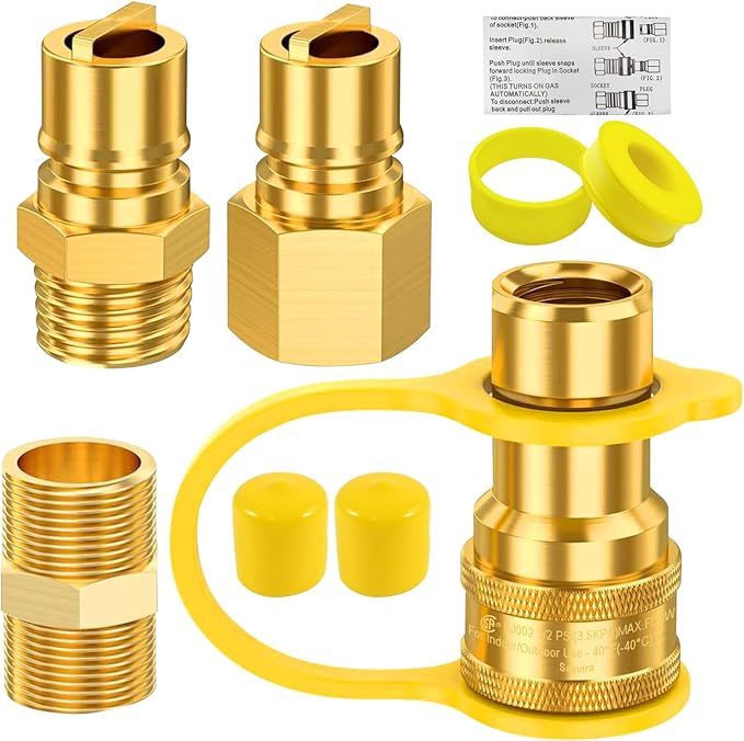1/2" Gas Quick Connect Kit, 1/2" Natural Gas Quick Connect Fittings Kit – 4 Pcs Solid Brass Natural Gas & Propane Quick Disconnect Fittings, 1/2 inch Hose Quick Connect Adapter.