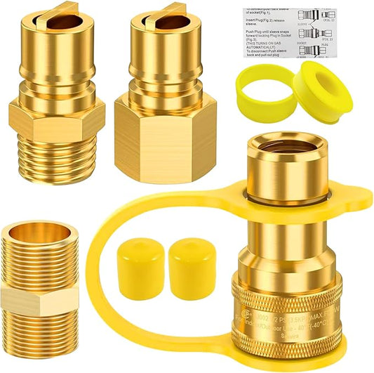 1/2" Gas Quick Connect Kit, 1/2" Natural Gas Quick Connect Fittings Kit – 4 Pcs Solid Brass Natural Gas & Propane Quick Disconnect Fittings, 1/2 inch Hose Quick Connect Adapter.