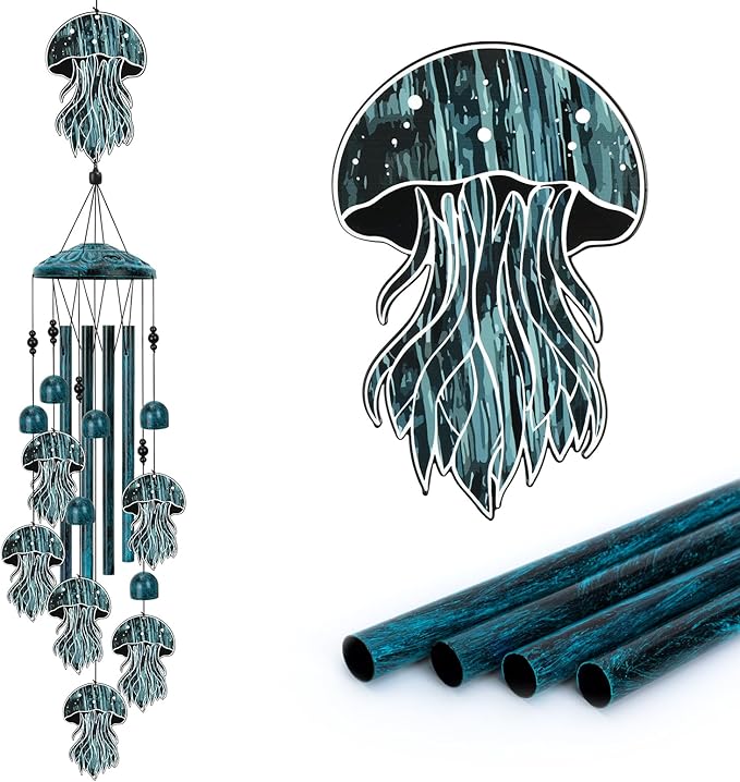 Jellyfish Wind Chimes for Outside, Large Jellyfish Gifts for Women, Memorial Jellyfish Wind Chime, Metal Jellyfish Decor, 40" Outdoor Garden Decor for Lawn, Porch, Patio, Yard