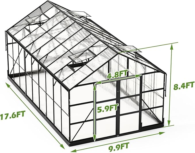AMERLIFE 10x18x8.4 FT Polycarbonate Greenhouse with 4 Roof Vents & Rain Gutter, Heavy Duty Aluminum Greenhouse for Outdoor Garden Backyard, Black
