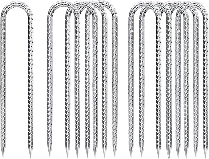Rebar-Stakes-12-Inch-Galvanized, U Hook Trampoline Stakes 10 Pack Ground Anchors Tent Stakes Heavy Duty for Plants Anti-Rust Landscape Fabric Stakes Artificial Turf