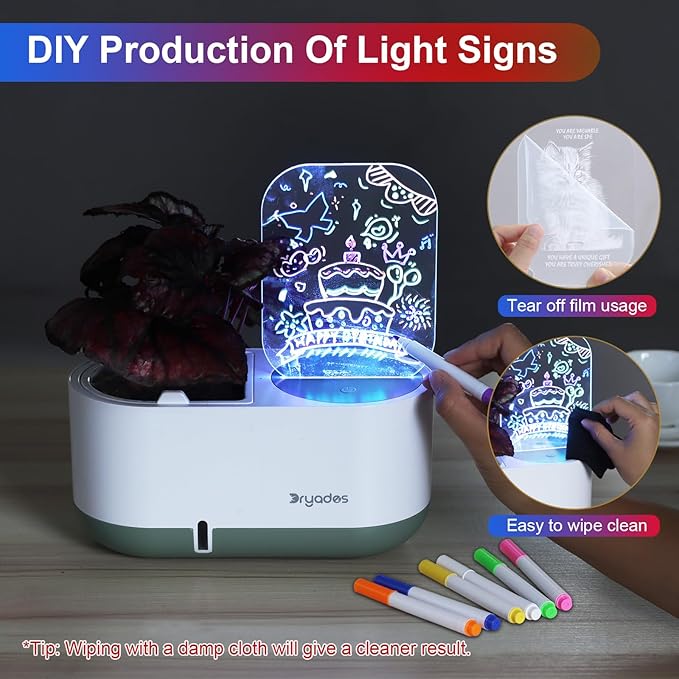 Self-Watering Plant Pot with LED Note Board & 7 Colors Pen Acrylic Message Board with Light Acrylic Dry Erase Board, Led Cat Board Night Light with Planting Pot for Room/Store/Office (No Plant&Seed)