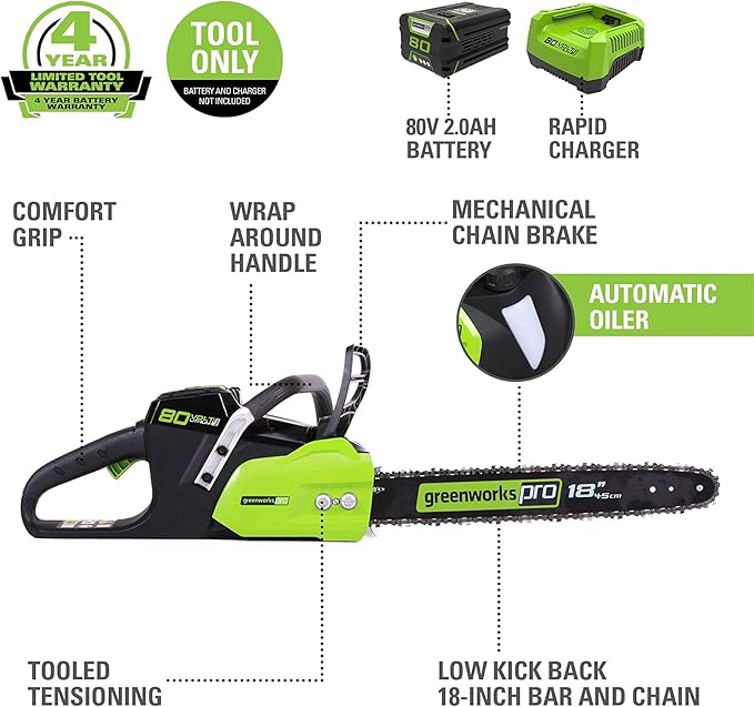 Greenworks 80V 18" Brushless Cordless Chainsaw (Great For Tree Felling, Limbing, Pruning, and Firewood) / 75+ Compatible Tools), 2.0Ah Battery and Rapid Charger Included