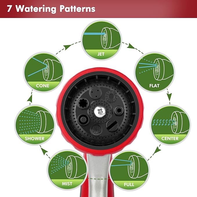 RESTMO Garden Hose Nozzle, Heavy Duty Metal Water Hose Nozzle with 7 Adjustable Spray Patterns, High Pressure Hand Sprayer with Flow Control, Best for Watering Plants & Lawns, Washing Cars & Pets, Red