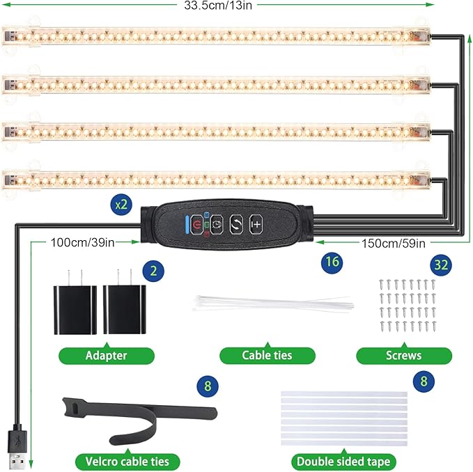 13 Inches Plant Growing lamp Strips, Full Spectrum LED 3500K Grow Light for Indoor Plants with 3/9/12H Timer and 10 Dimmable Levels for Green House Hydroponics Succulent and Shelf,4 Head 2 Pack