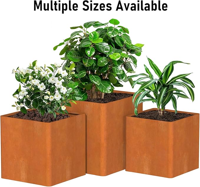 Corten Steel Large Square Planter 26"x26"x26, Cube Metal Planter Pot with Drainage Holes for Outdoor, Large Flower Pots for Patio Deck and Yard