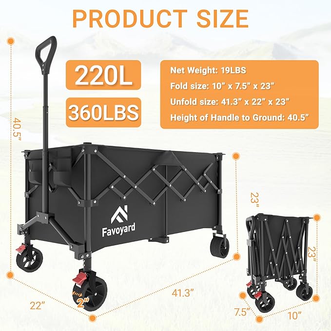 Favoyard Extra Large Collapsible Wagon Carts Foldable 360LBS Heavy Duty Beach Wagons with Big Wheels & Brakes Portable Folding Cart for Shopping Grocery Utility Sports Garden Camping Outdoor