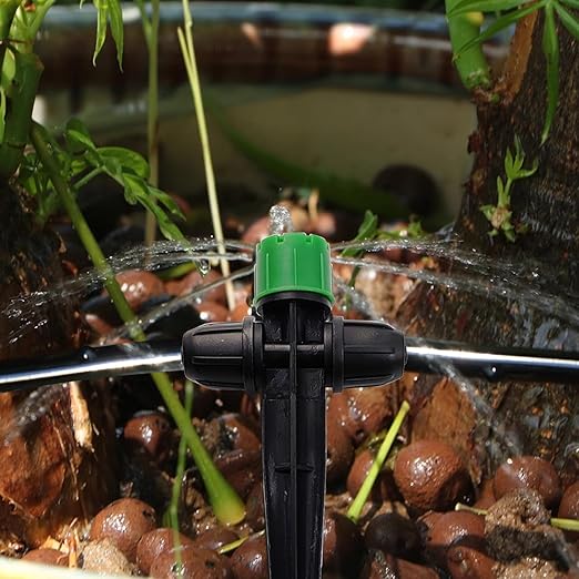 RONYOUNG 35pcs Drip Irrigation Emitters Sprayer for 1/4" Drip Irrigation Tubing Adjustable 360 Degree Water Flow Drippers on 5.3" Sturdy Stake with Lock Barbed Irrigation Drippers