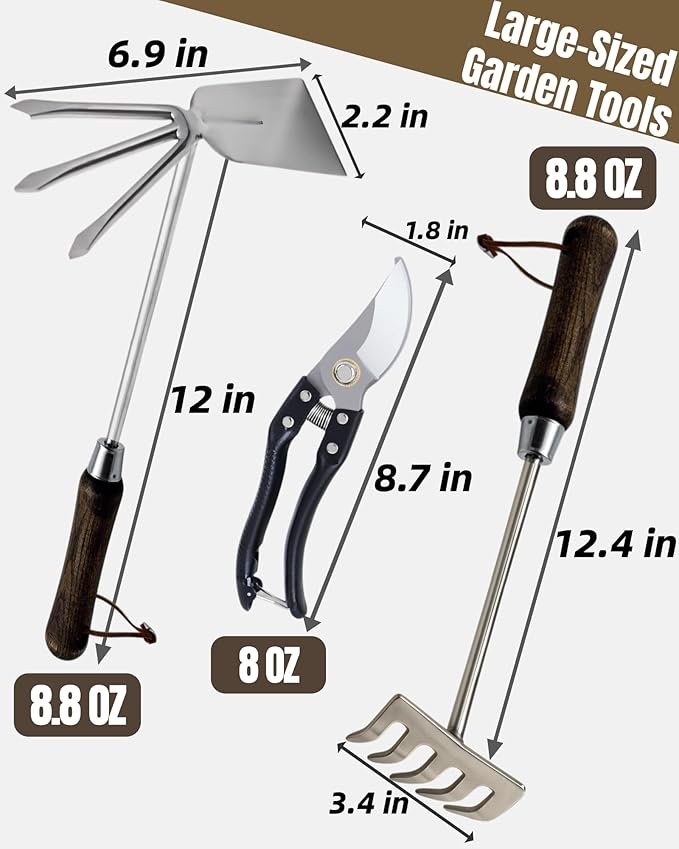 Garden Tool Set, 6PCS Heavy Duty Stainless Steel Gardening Hand Tools with Ropes, Including Trowel, Transplanter, 2-in-1 Hoe, Hand Fork, Hand Rake and Pruner, Ideal Gardening Gift for Man and Woman