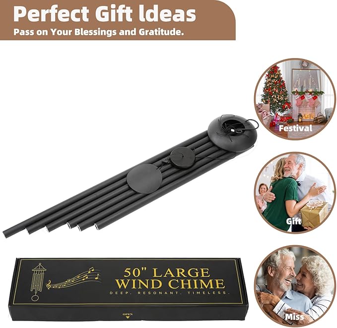Wind-Chimes-Outdoor-Large-Decor, Deep Tone Soothing Melodic Tones Windchimes, Wind Chimes for Outside, Memorial Wind Chime Best Gift for Mom Women Grandma Neighbors(50" Black)