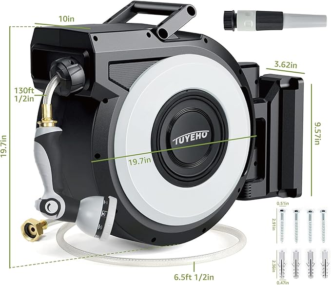Tuyeho Retractable Garden Hose Reel 130 FT, Wall Mount Heavy Duty Water Hose Reels with Automatic Slow Rewind System, Outdoor Hoses Reel with 2 Hose Nozzles for Garden Watering, Car Wash, Pet Shower