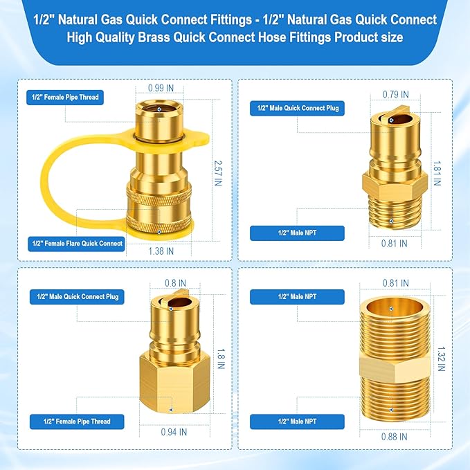 1/2" Gas Quick Connect Kit, 1/2" Natural Gas Quick Connect Fittings Kit – 4 Pcs Solid Brass Natural Gas & Propane Quick Disconnect Fittings, 1/2 inch Hose Quick Connect Adapter.