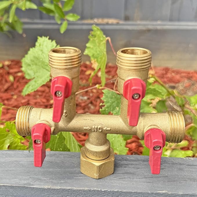 HQMPC Hose Splitter – Heavy-Duty Brass Garden Faucet Connector Garden Hose Splitter 4 Way 3/4" GHT Thread Red Handle