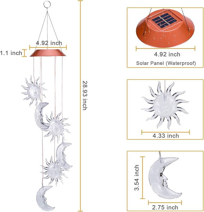 ME9UE Solar Powered Wind Spinner Light, 3 Suns and 3 Moons with 7 Colors Changing Wind Light, Waterproof Hanging Wind Chime Lamp Mobile Suspended Lights for Home Outdoor Garden Lighting Decor
