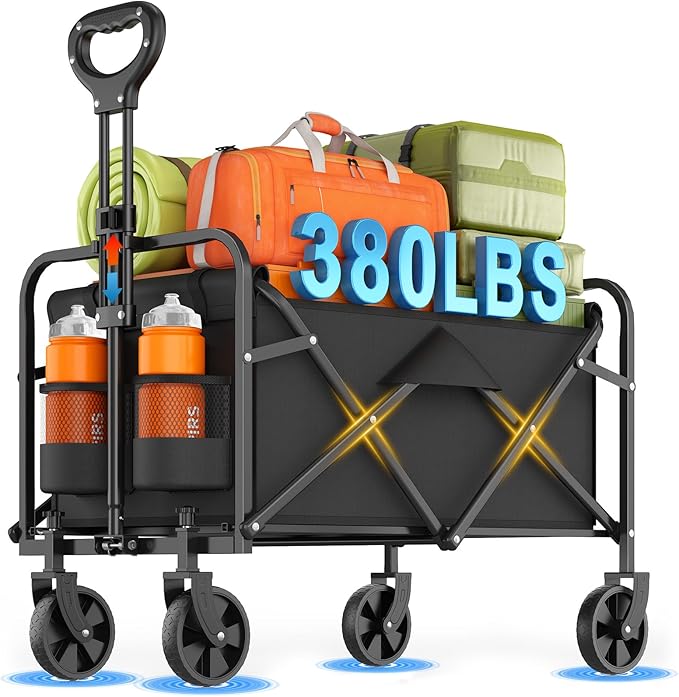 Collapsible Wagon Cart Foldable Beach Wagon with All-Terrain Wheels - 380 LBS Heavy Duty Grocery Cart for Shopping, Beach, Camping, Sports, Garden (Black)