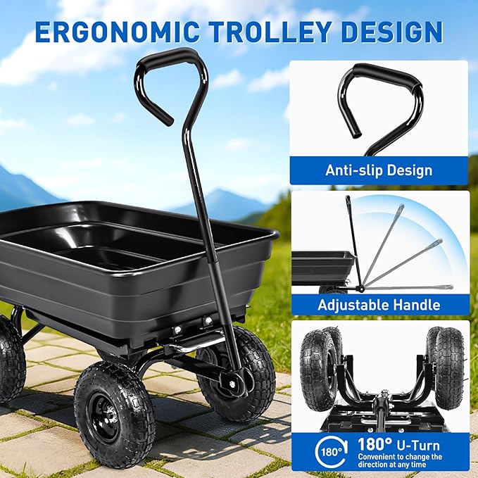 Yesker Garden Carts - 600lbs Dump Wagon with All Terrain Inflatable Wheels for Yard Lawn Farms Gardening - Heavy Duty Utility Outdoor Hauling Wheelbarrow