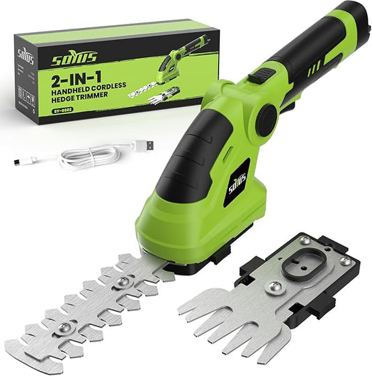 SOYUS Cordless Hedge Trimmer, 2 in 1 Electric Hedge Trimmers & Grass Shears, 7.2V Lightweight Shrub Trimmer Cordless with Battery and Charger, Ideal for Garden, Yard and Lawn - Green