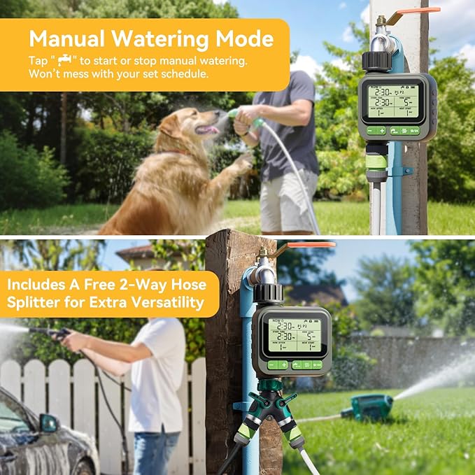 Sprinkler Timer, Programmable Water Timer for Garden Hose, Outdoor Hose Faucet Timed with 4 Plans/Rain Delay/Automatic Watering System, Digital Irrigation for Yard, Lawn, 1 Outlet with 2-Way Splitter