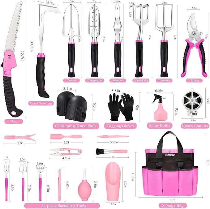 Pink Garden Tool Set Gardening Items for Women - 24PCS Heavy Duty Garden Tools with Detachable Storage Bag, Succulent Tool Set, Weeder