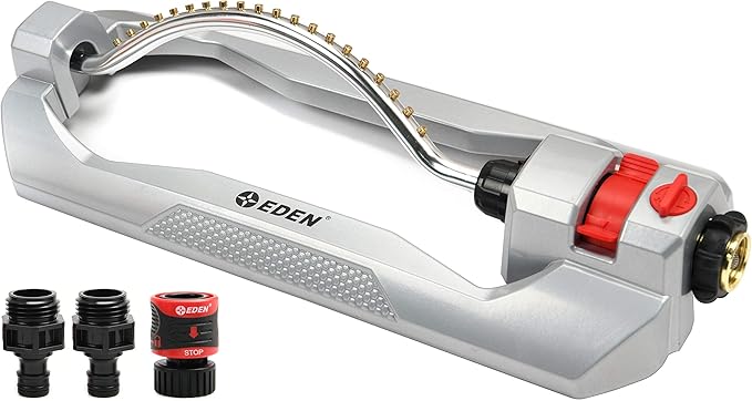 Eden 94115 Metal 2-Way Oscillating Sprinkler for Lawn and Garden w/Quick Connect Starter Set, 20 Brass Nozzles, Covers up to 4,300 sq. ft