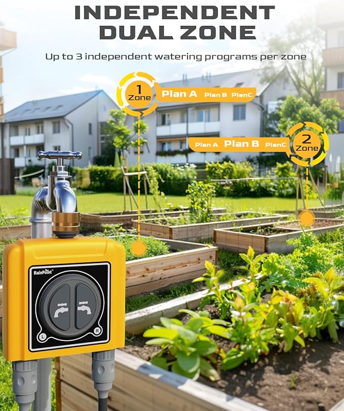 RAINPOINT WiFi Water Timer with Brass Inlet, 2 Outlets Sprinkler Timer,Automatic Irrigation System Controller, APP & Voice Control, Irrigation by Weather/Quantity/Soil Moisture