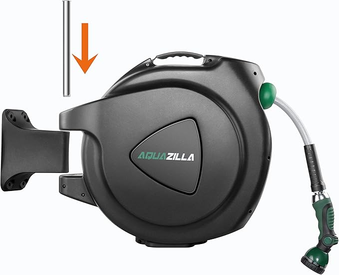 Retractable Garden Hose Reel, 65FT +6FT 5/8" Durable Wall Mounted Water Hose Reel with 180° Swivel Bracket, 9 Pattern Sprayer, 6Ft leader hose,Smooth Automatic Rewind, Any Length Lock.