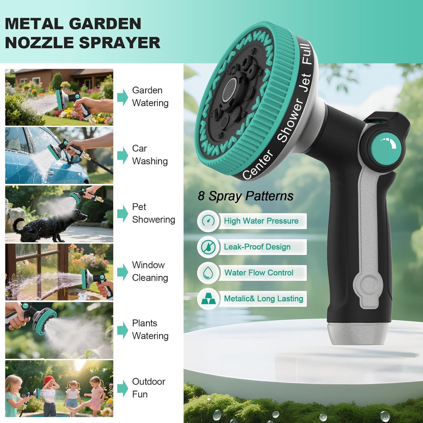 Garden Hose Nozzle | Heavy-Duty Metal Hose Sprayer Nozzle - 9cm/3.5" Ultra-Wide Spray, 8 Adjustable Nozzle Modes, Water Hose Nozzles for Watering, Cleaning, Pets & Car Washing (New Upgraded)