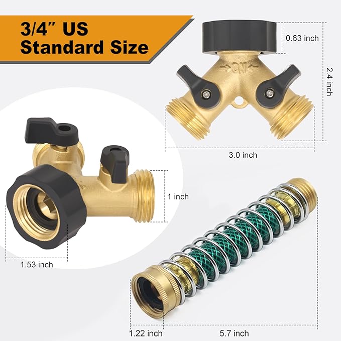 Brass Garden Hose Splitter 2 Way, All Body Metal Heavy Duty Water Splitter Y Way with 2 Hose Protectors Kink Free Hose Extension 10 Rubber Washers