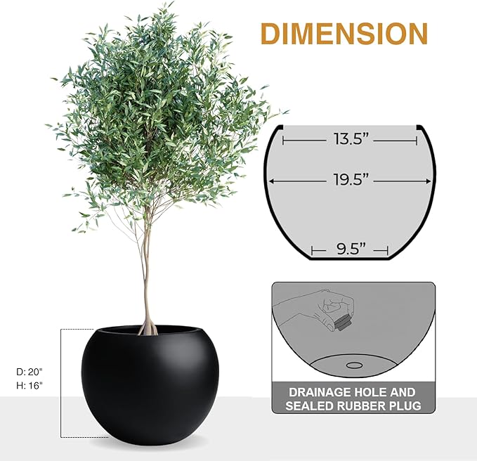 16" H x 20" D Globo Fiberstone Round Planter with Drainage Hole, Weather Resistant, Smooth Finish, Planters for Indoor Plants & Outdoor, 2 Extra Coco Mats (Black, 13.5" Pot Opening)