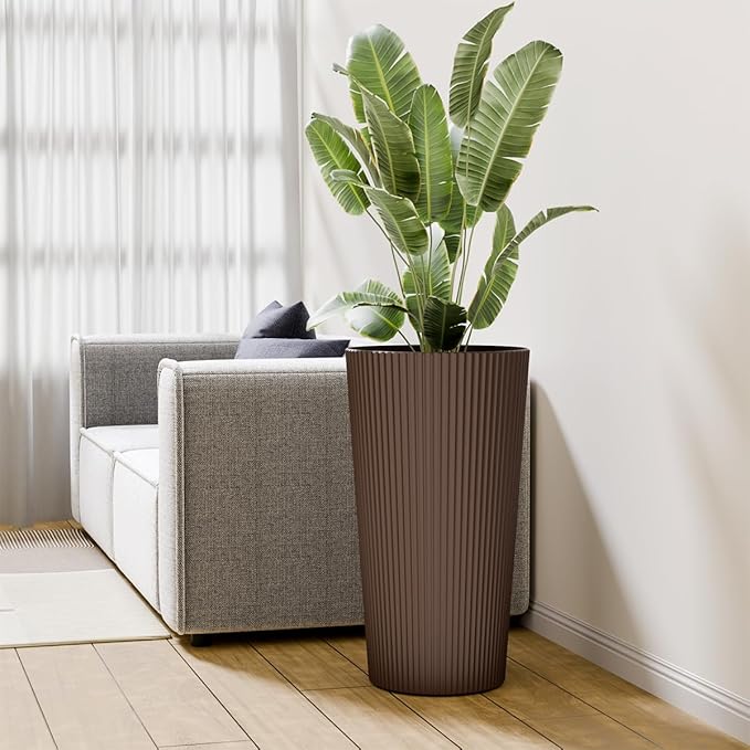 23.6" Tall Planters for Outdoor Plants,Large Outdoor Planters for Front Porch Decor with Drainage Hole, Flower Pots Fits Indoor Plants Patio/Garden, Plastic Striped Brown(2 Pack)