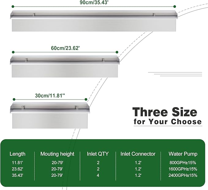 Waterfall Pool Fountain, LONGRUNNEW Stainless Steel Waterfall Spillway with Pipe Connector Kits for Outdoor/Indoor Decorative, 35.4 Inches Pool Water Feature for Garden Patio, Backyard Koi Pond Decor