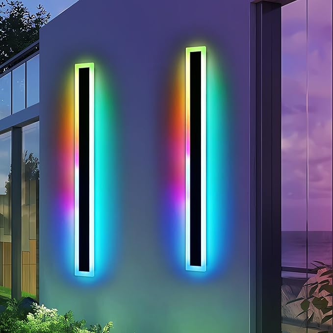 Widened 2 Pack Modern Exterior Lighting Fixtures, 57inch RGB Dimmable Outdoor Wall Sconces, 10 Colors, 5 Modes, IP65 Waterproof, Black Long LED Wall Mount Lights for Fence, Balcony, Garage